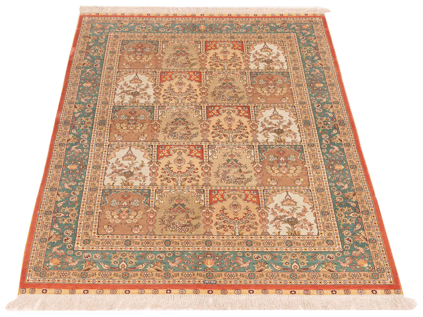 Pure Silk Beige Blue 4x5.11 Hand Knotted Rug