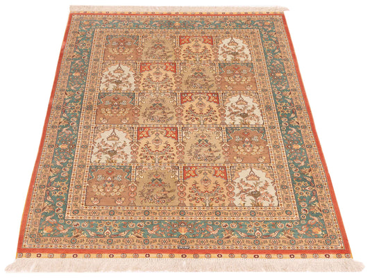 Pure Silk Beige Blue 4x5.11 Hand Knotted Rug