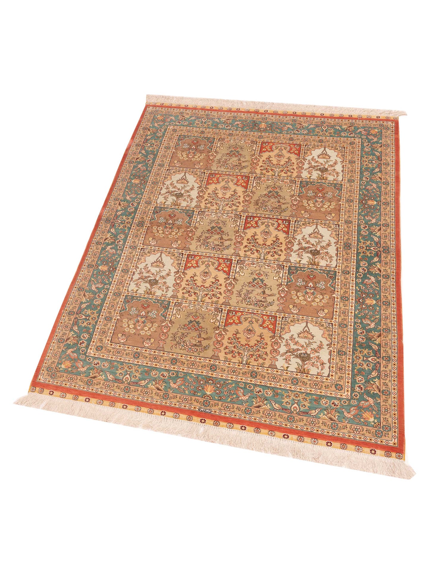 Pure Silk Beige Blue 4x5.11 Hand Knotted Rug
