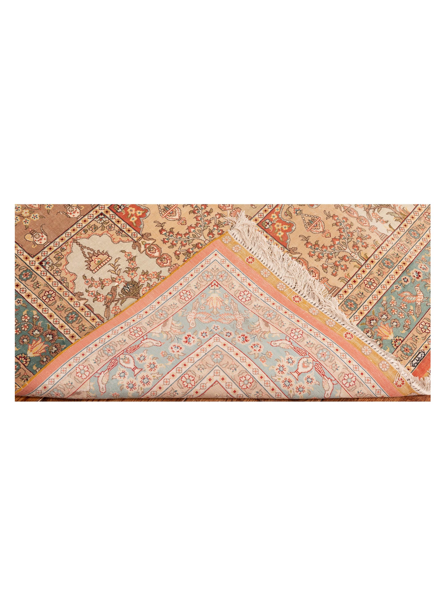 Pure Silk Beige Blue 4x5.11 Hand Knotted Rug