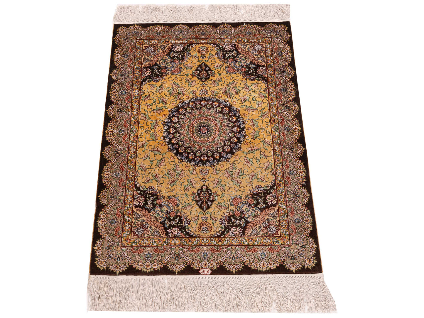 Pure Silk Gold Brown 2x3.1 Hand Knotted Rug