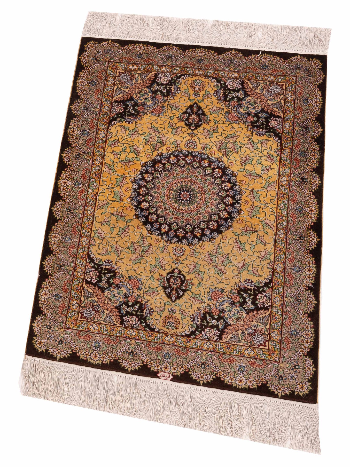 Pure Silk Gold Brown 2x3.1 Hand Knotted Rug