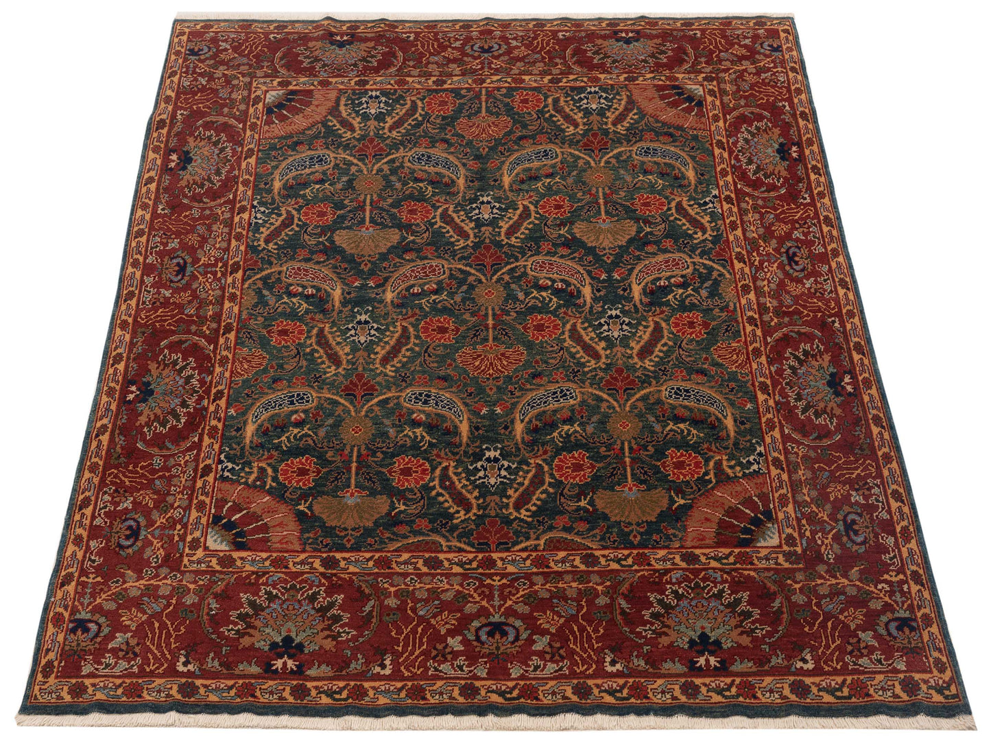 Antiqua Loom Teal Blue Red 6.8x7.3 Hand Knotted Rug
