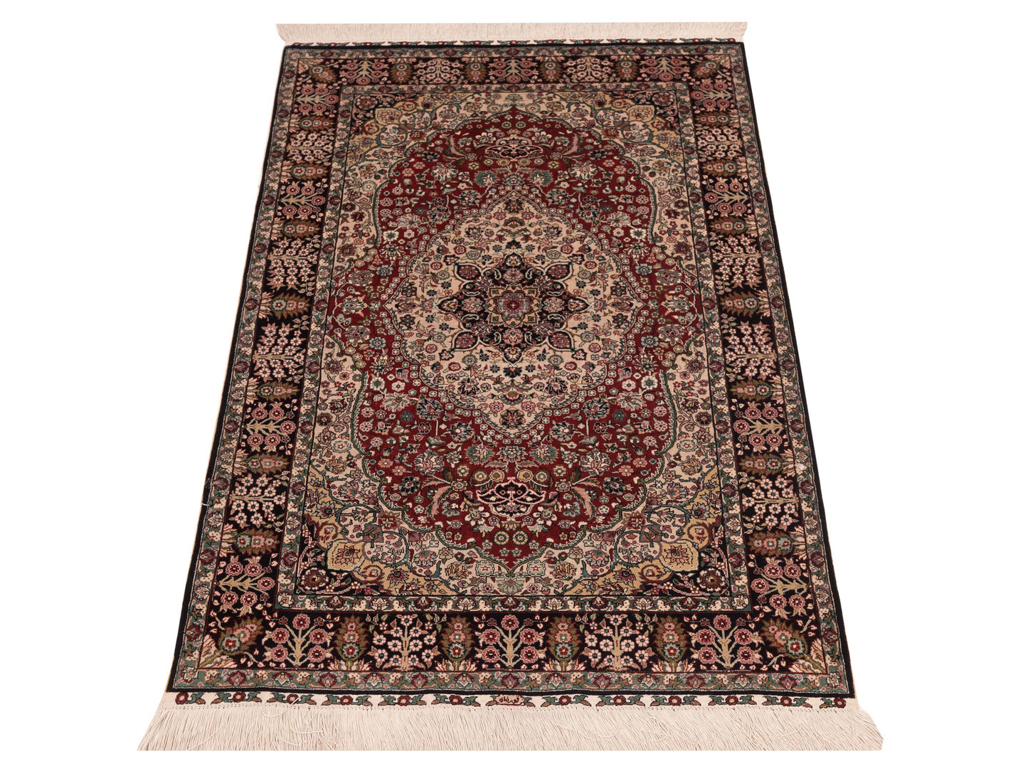 Pure Silk Red Black 2.7x4 Hand Knotted Rug