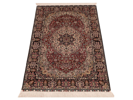 Pure Silk Red Black 2.7x4 Hand Knotted Rug