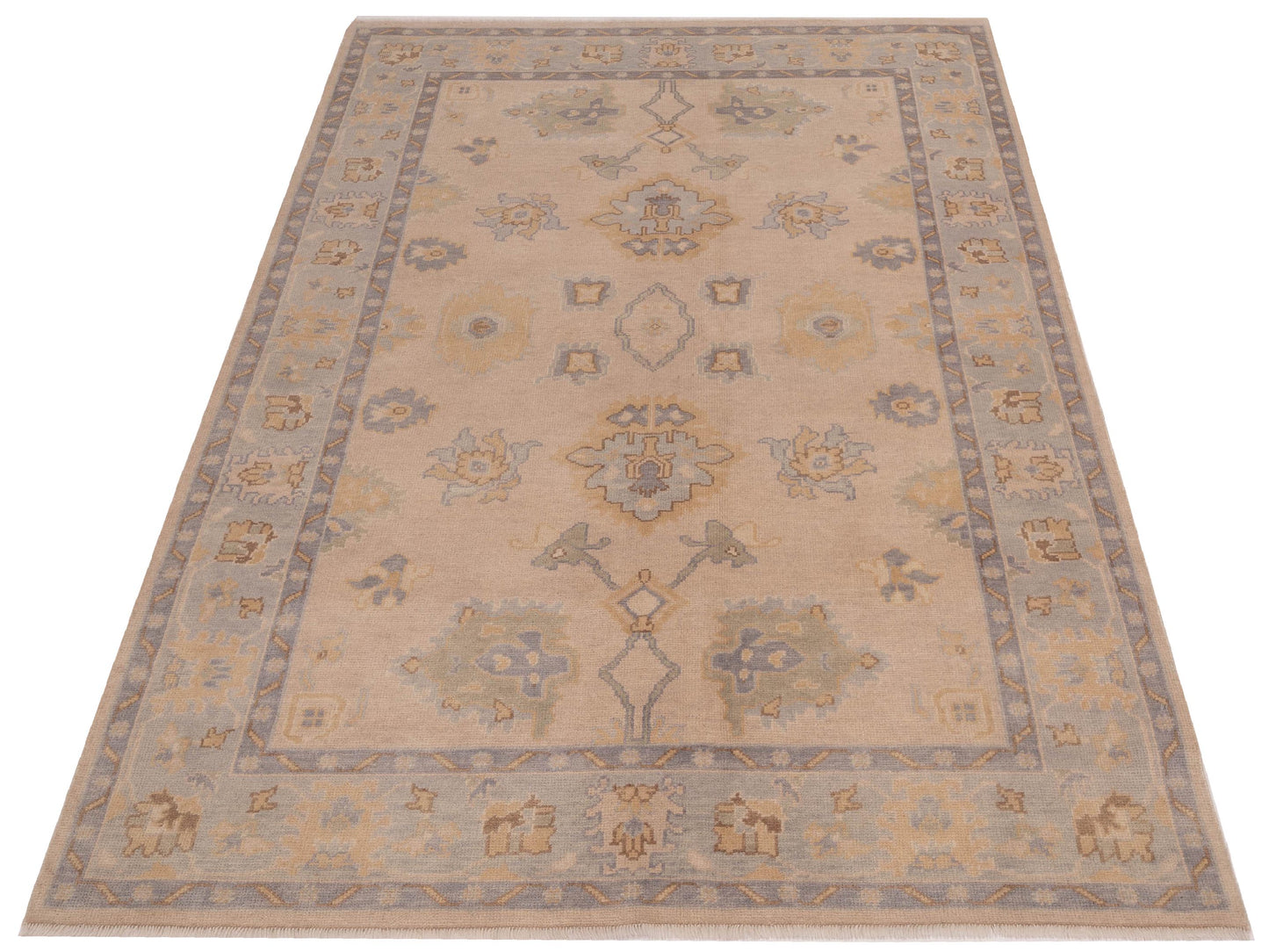 Oushara Beige Blue 6x8.9 Hand Knotted Rug