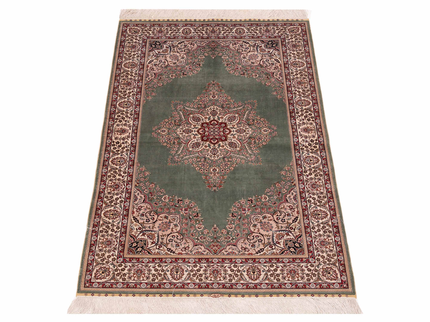 Pure Silk Green Ivory 3.1x5.1 Hand Knotted Rug