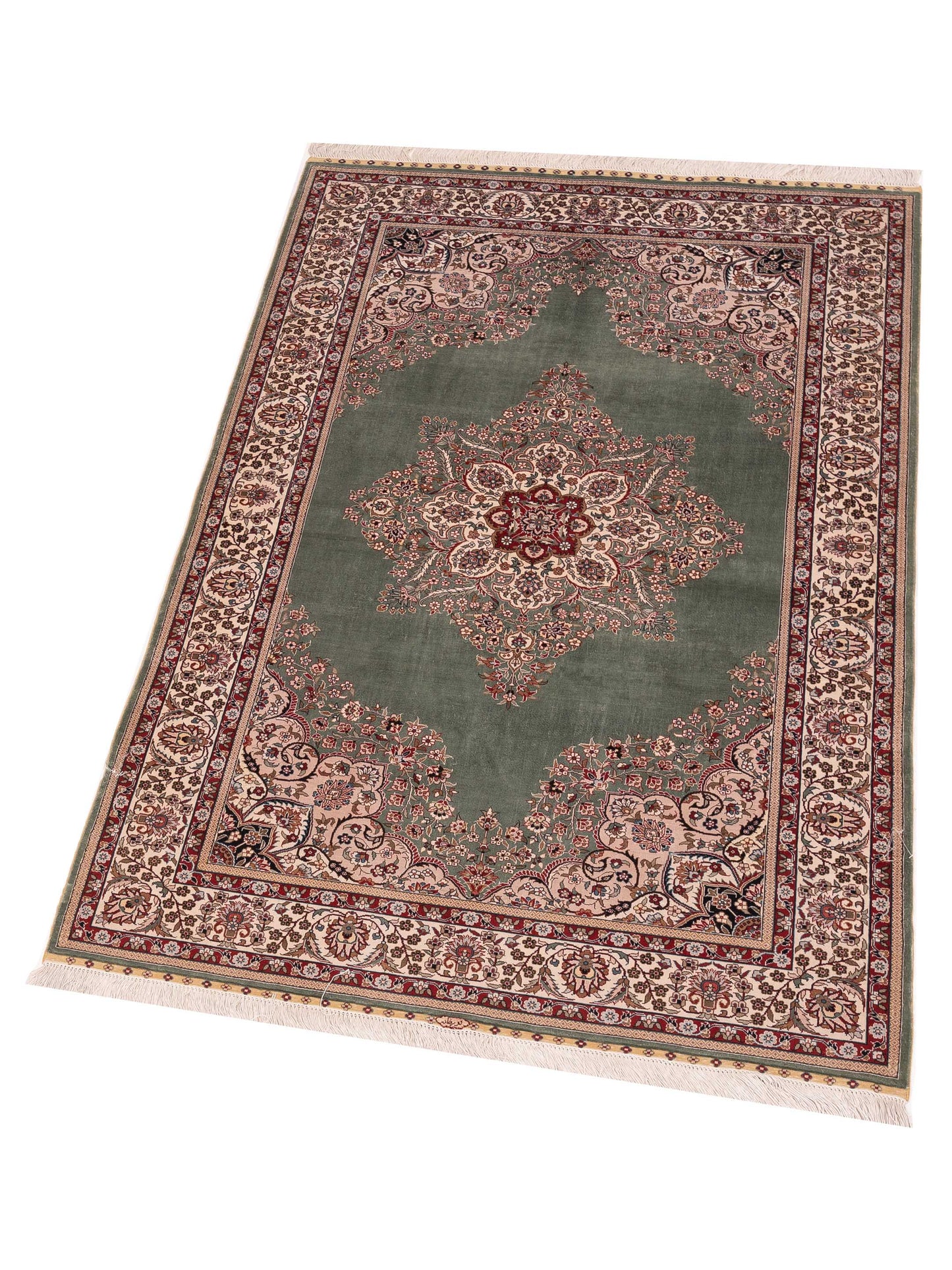 Pure Silk Green Ivory 3.1x5.1 Hand Knotted Rug