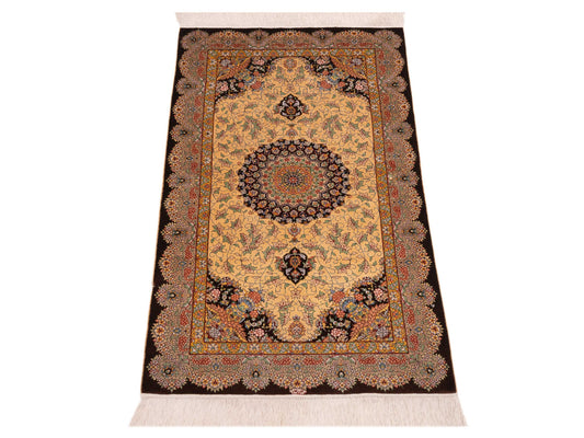 Pure Silk Gold Brown 2.4x4.1 Hand Knotted Rug