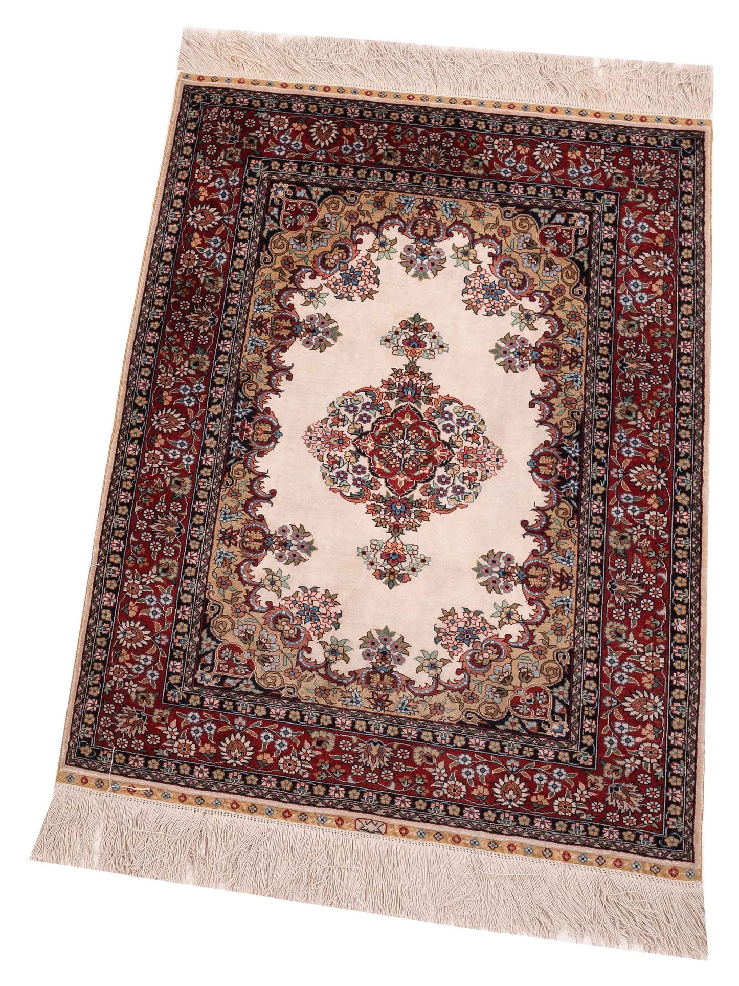 Pure Silk Ivory Red 2x3 Hand Knotted Rug