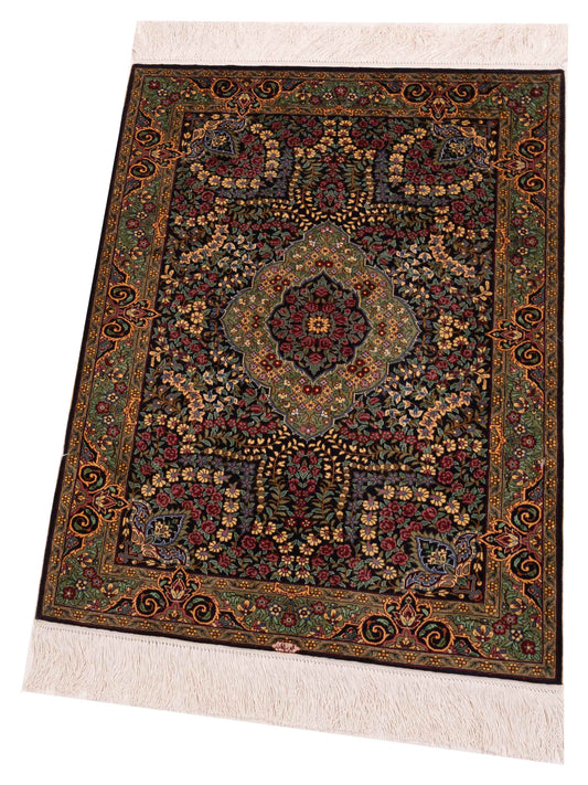 Pure Silk Black Green 2.1x3.2 Hand Knotted Rug