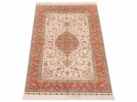 Pure Silk Ivory Pink 3.1x5 Hand Knotted Rug