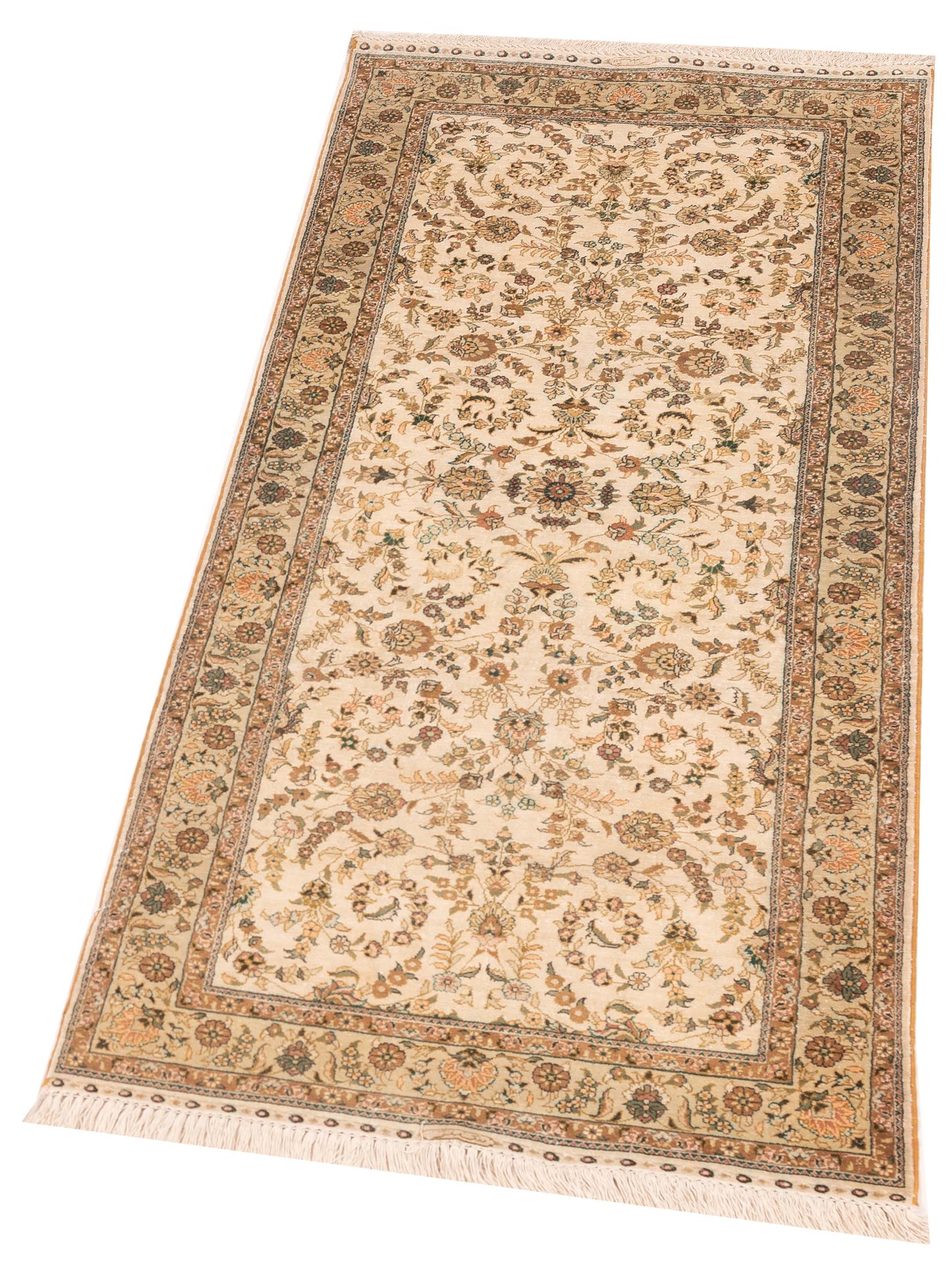 Pure Silk Ivory Light Green 2.7x6 Hand Knotted Rug