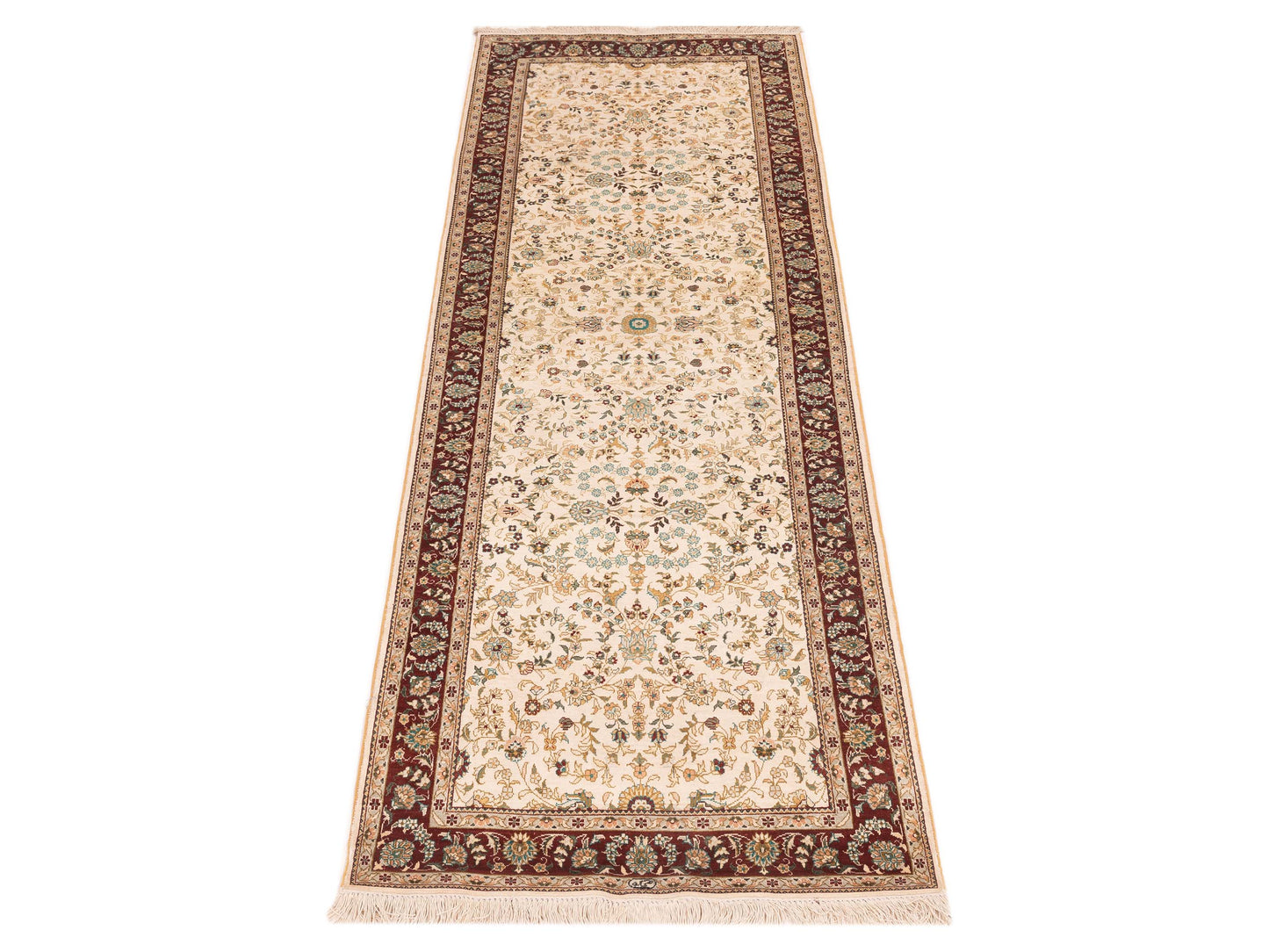 Pure Silk Ivory Red 2.7x8.2 Hand Knotted Rug