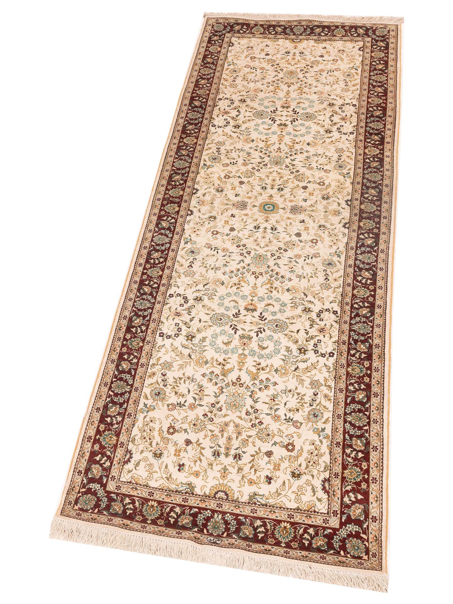Pure Silk Ivory Red 2.7x8.2 Hand Knotted Rug