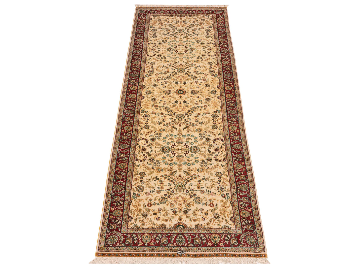 Pure Silk Ivory Red 2.7x8 Hand Knotted Rug