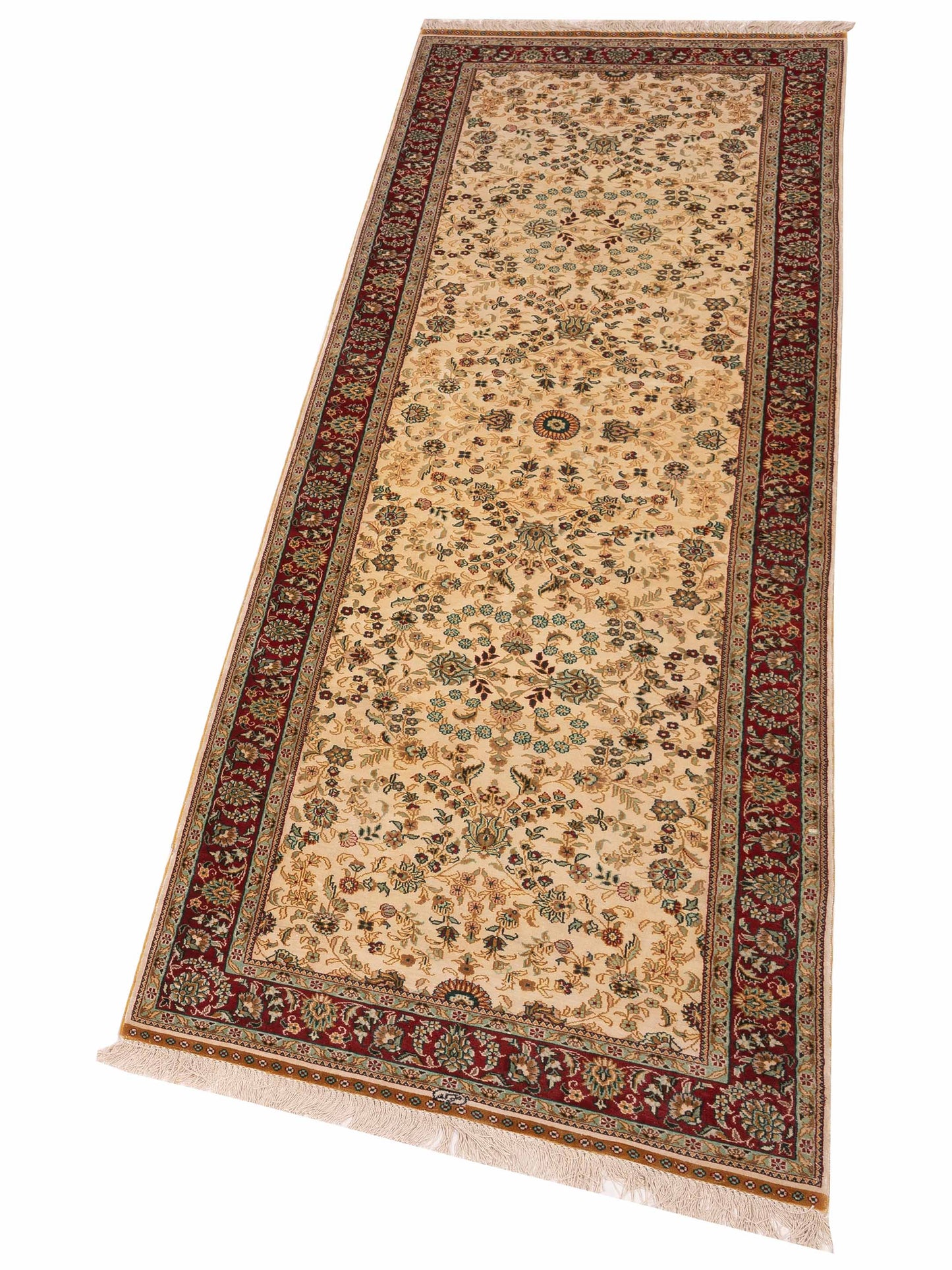 Pure Silk Ivory Red 2.7x8 Hand Knotted Rug
