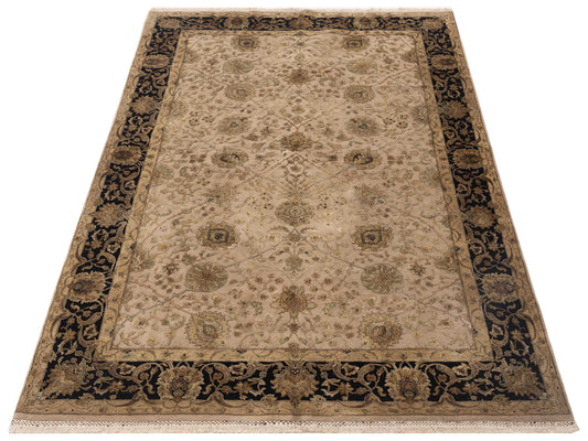Javira Silk Beige Black 6x9.5 Hand Knotted Rug