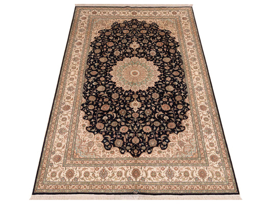 Pure Silk Black Ivory 5.1x7.9 Hand Knotted Rug