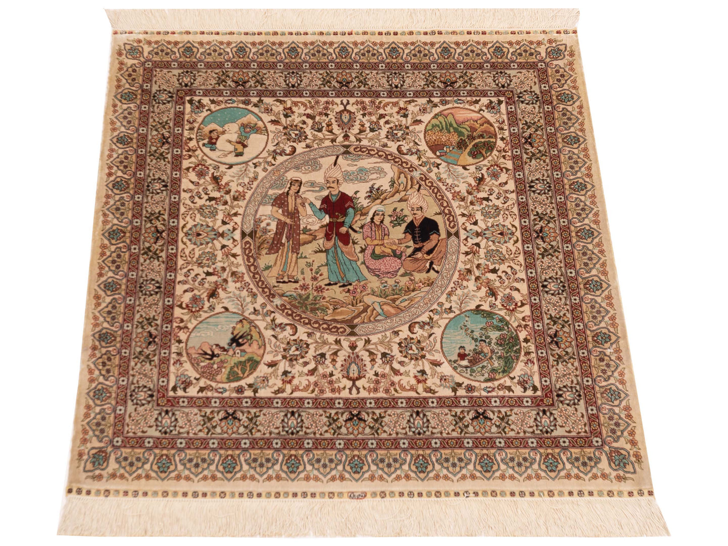Pure Silk Ivory Beige 3.1x3.1 Hand Knotted Rug