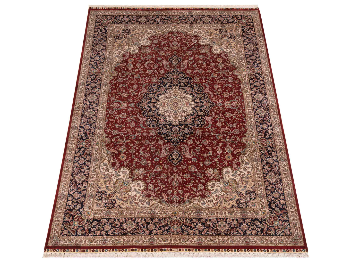 Pure Silk Red Navy 6.8x9.11 Hand Knotted Rug