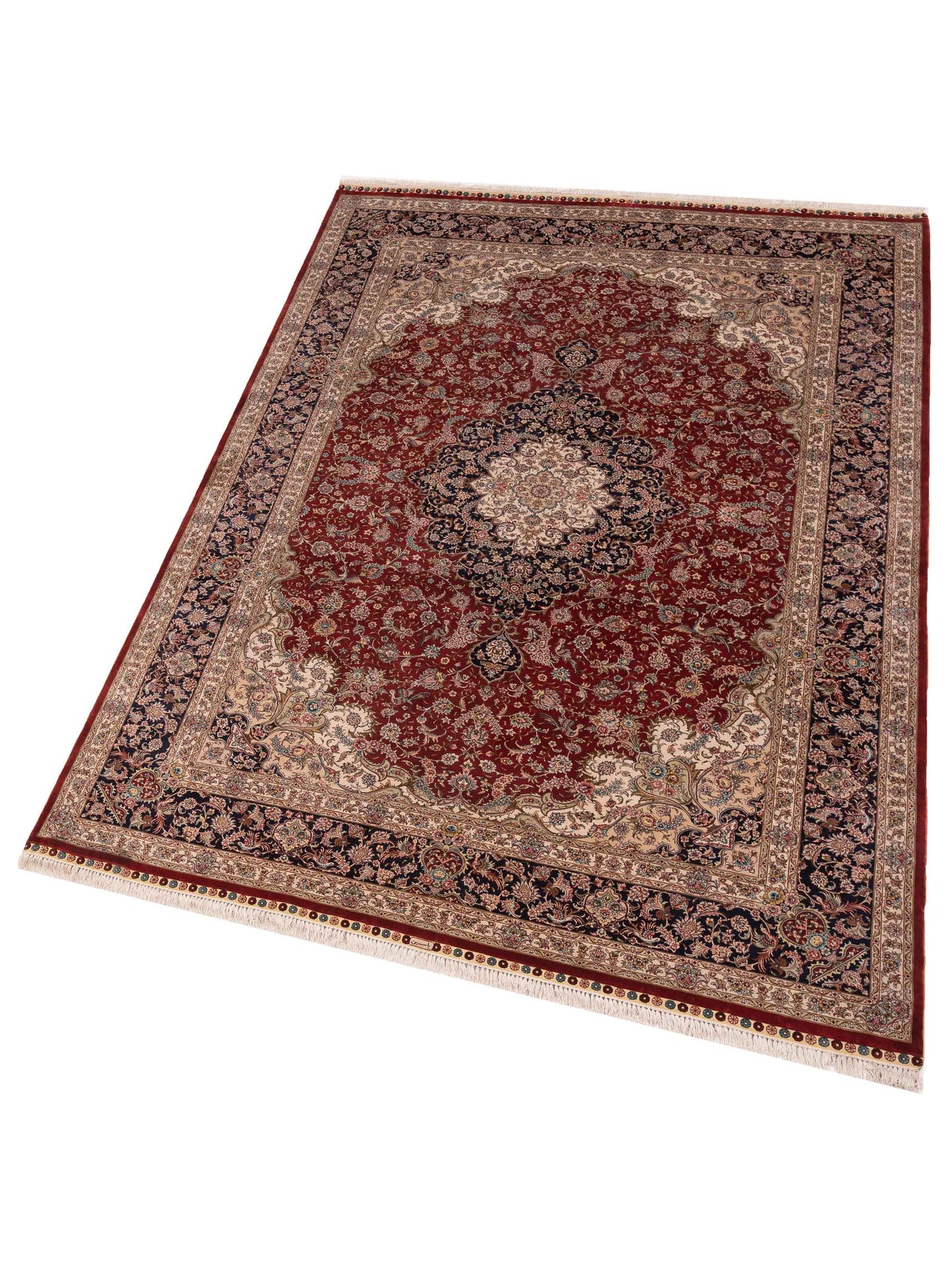 Pure Silk Red Navy 6.8x9.11 Hand Knotted Rug