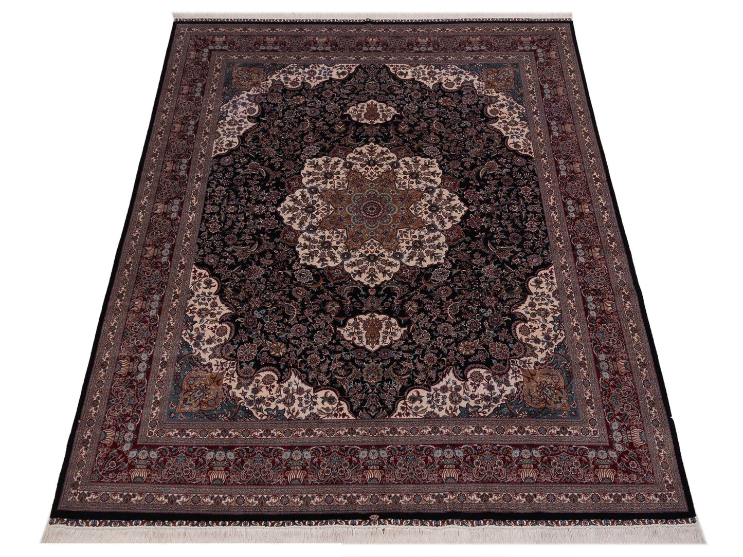 Pure Silk Navy Red 8.1x10 Hand Knotted Rug