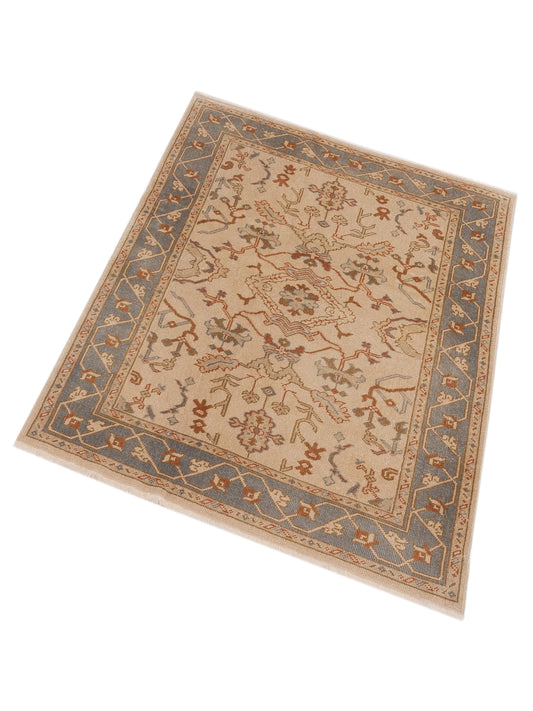 Oushak Ivory Blue 5.2x6.10 Hand Knotted Rug