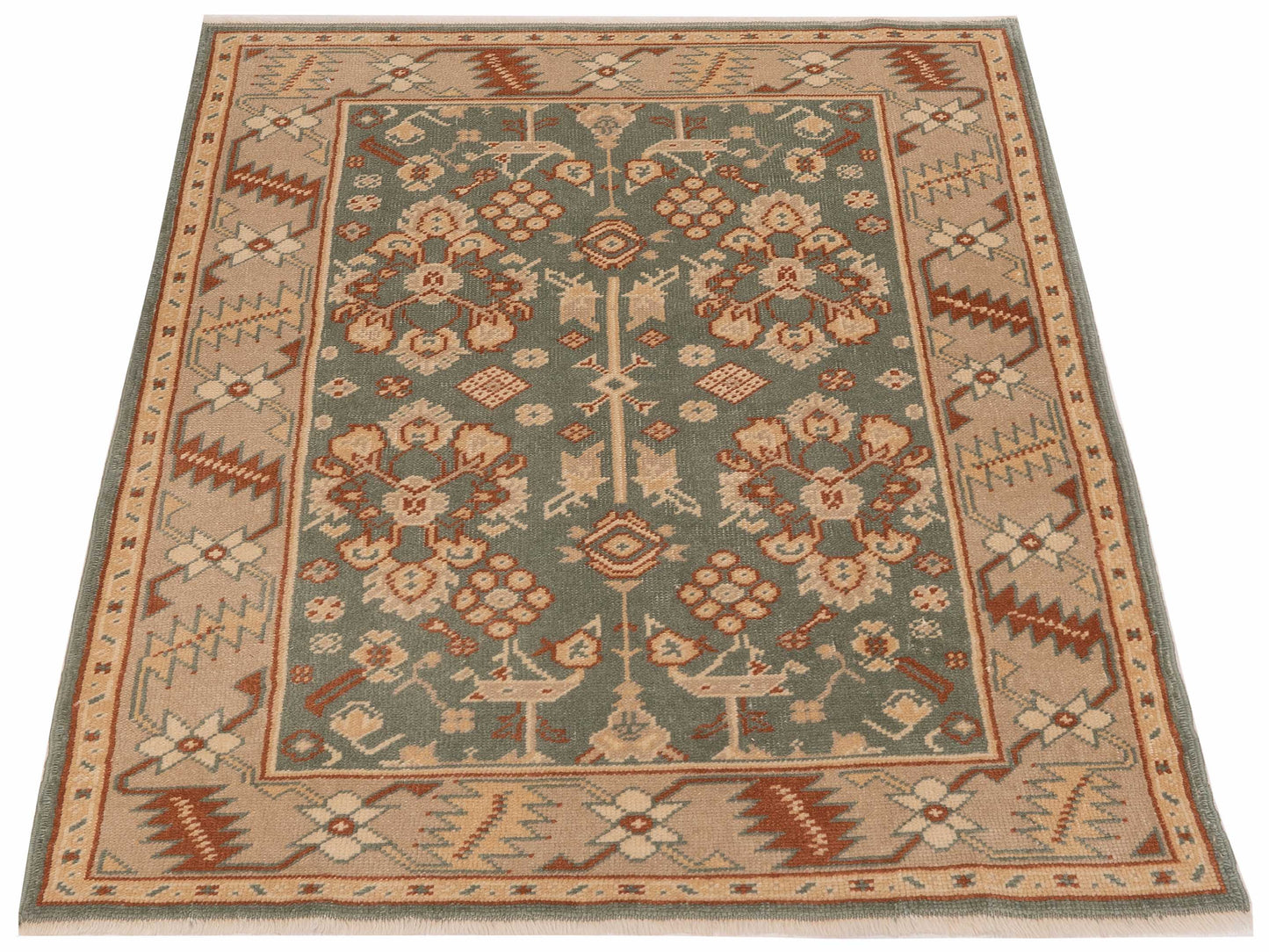 Oushak Green Ivory 4.2x5.9 Hand Knotted Rug