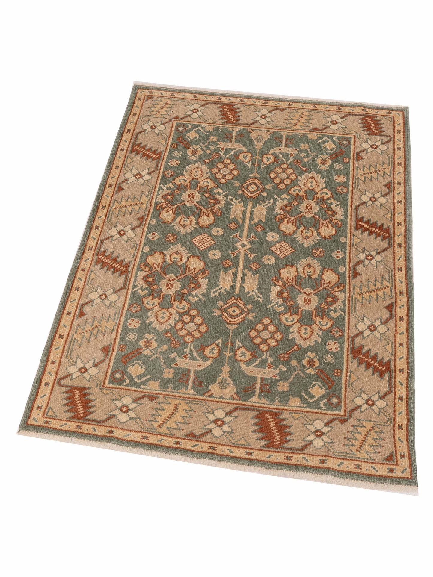 Oushak Green Ivory 4.2x5.9 Hand Knotted Rug