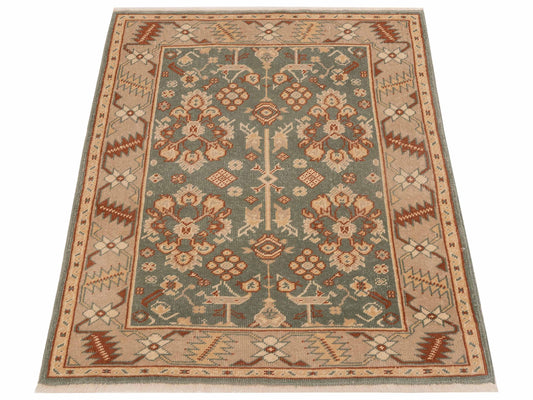 Oushak Green Camel 4.2x5.5 Hand Knotted Rug
