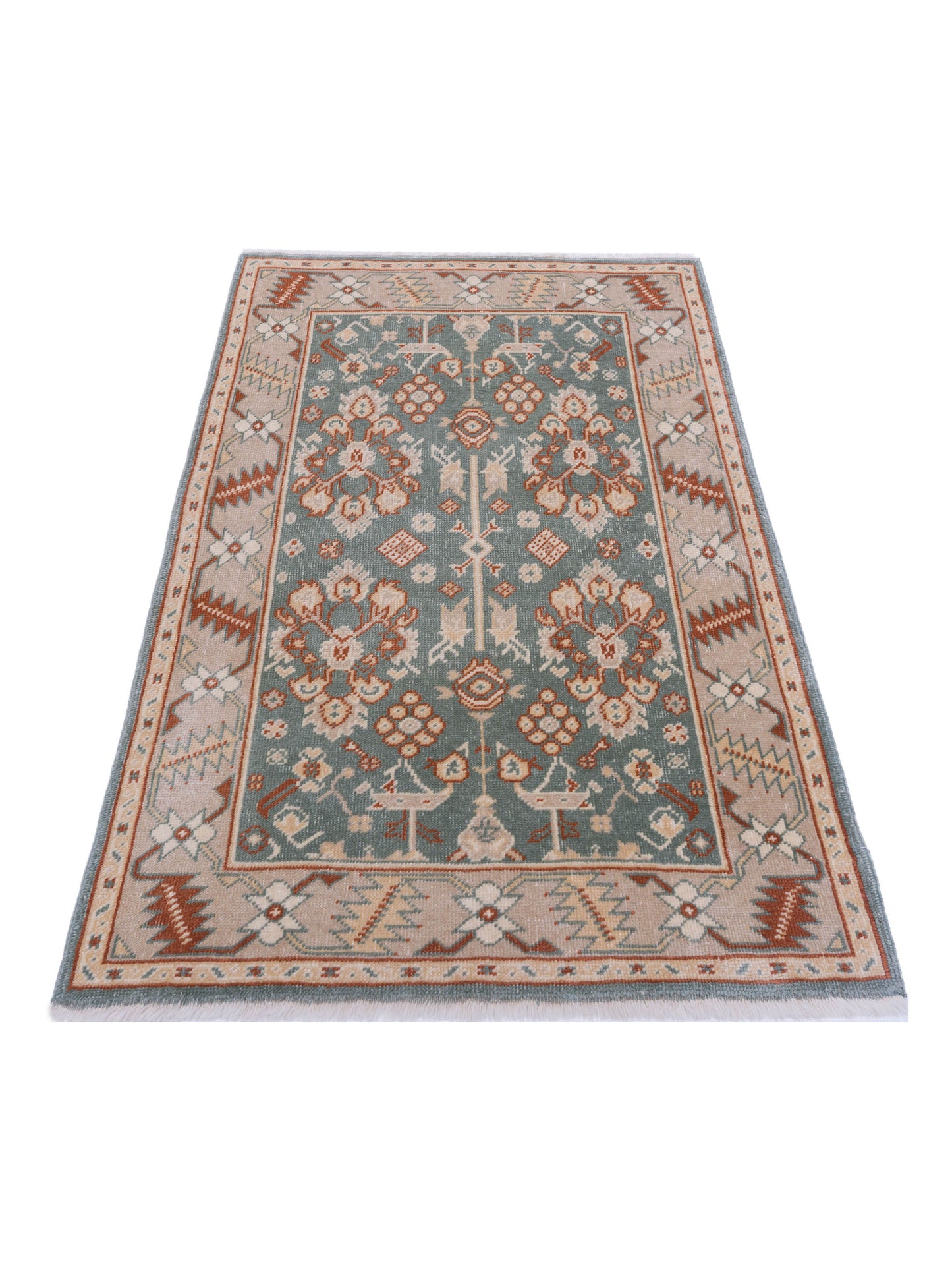 Oushak Green Camel 4.2x5.5 Hand Knotted Rug