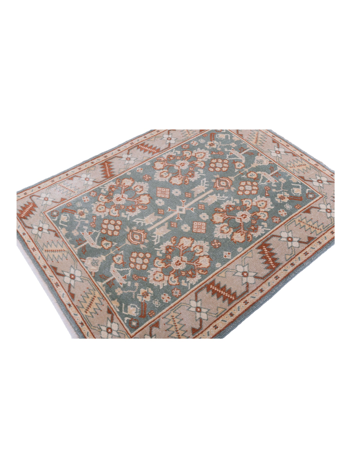 Oushak Green Camel 4.2x5.5 Hand Knotted Rug