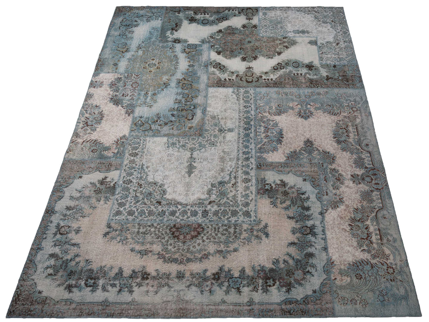 Patchwork Silver Blue 11.6x15.6 Hand Knotted Rug