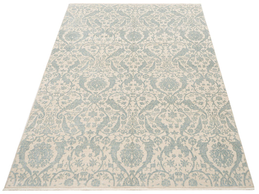 Defnera Beige Ice Blue 6.10x9.5 Hand Knotted Rug