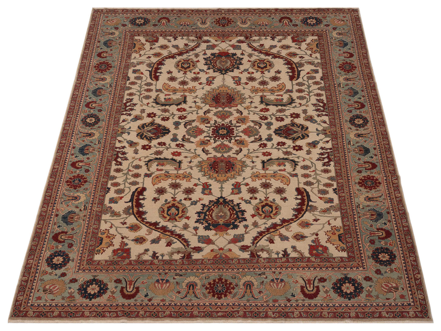 Antiqua Loom Ivory Green 9.11x12.3 Hand Knotted Rug