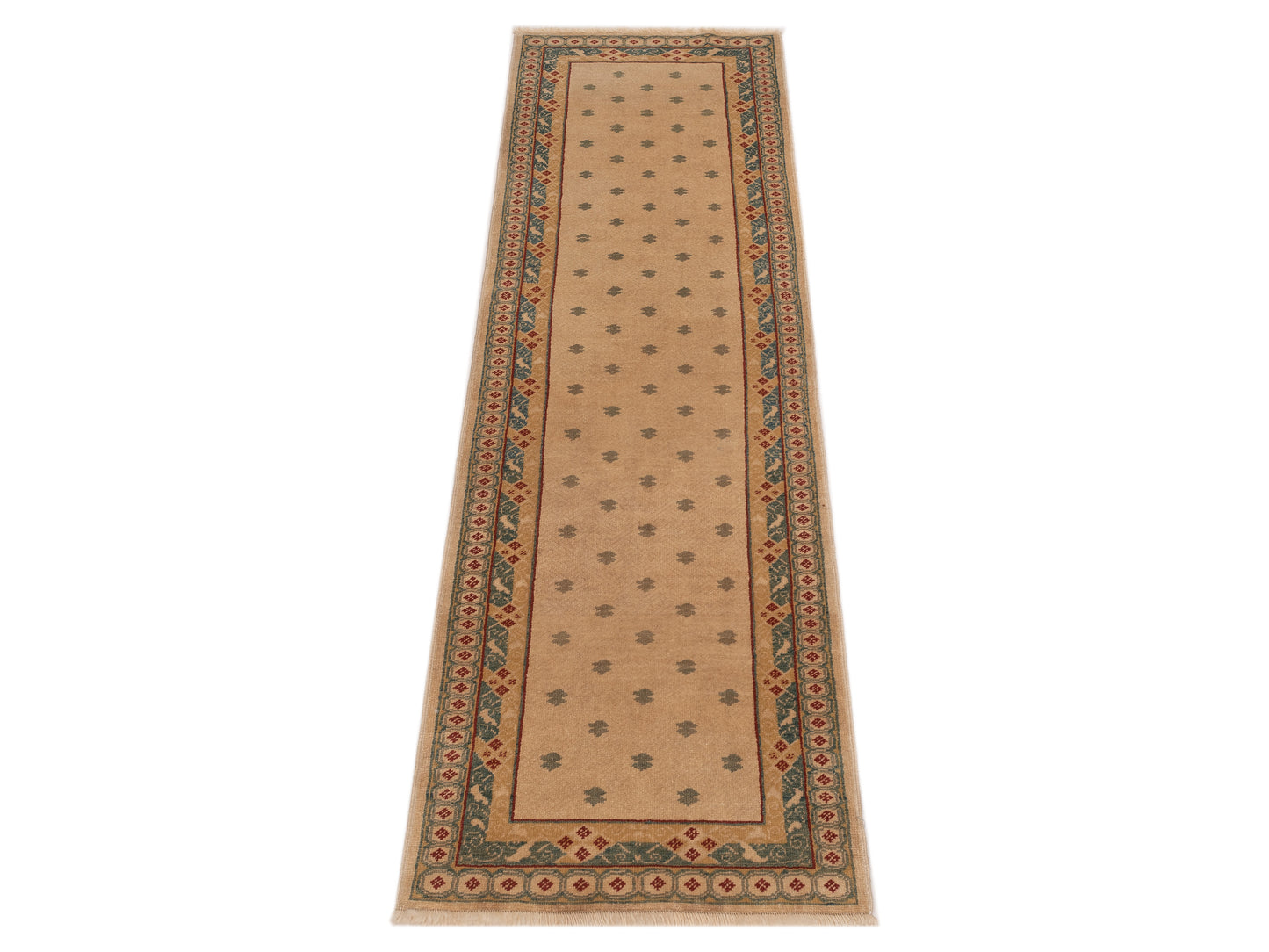 Antiqua Loom Ivory Green 2.6x8.1 Hand Knotted Rug