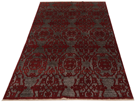 Defnera Charcoal Red 8x9.4 Hand Knotted Rug