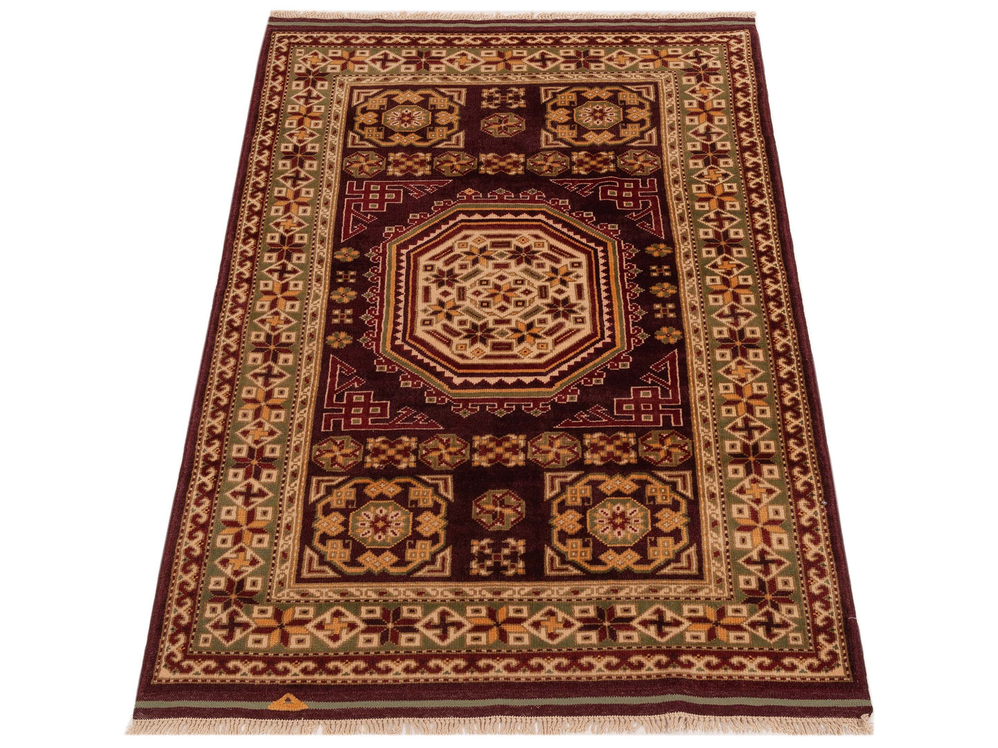 Shirvara Burgundy Green 3.10x5.8 Hand Knotted Rug