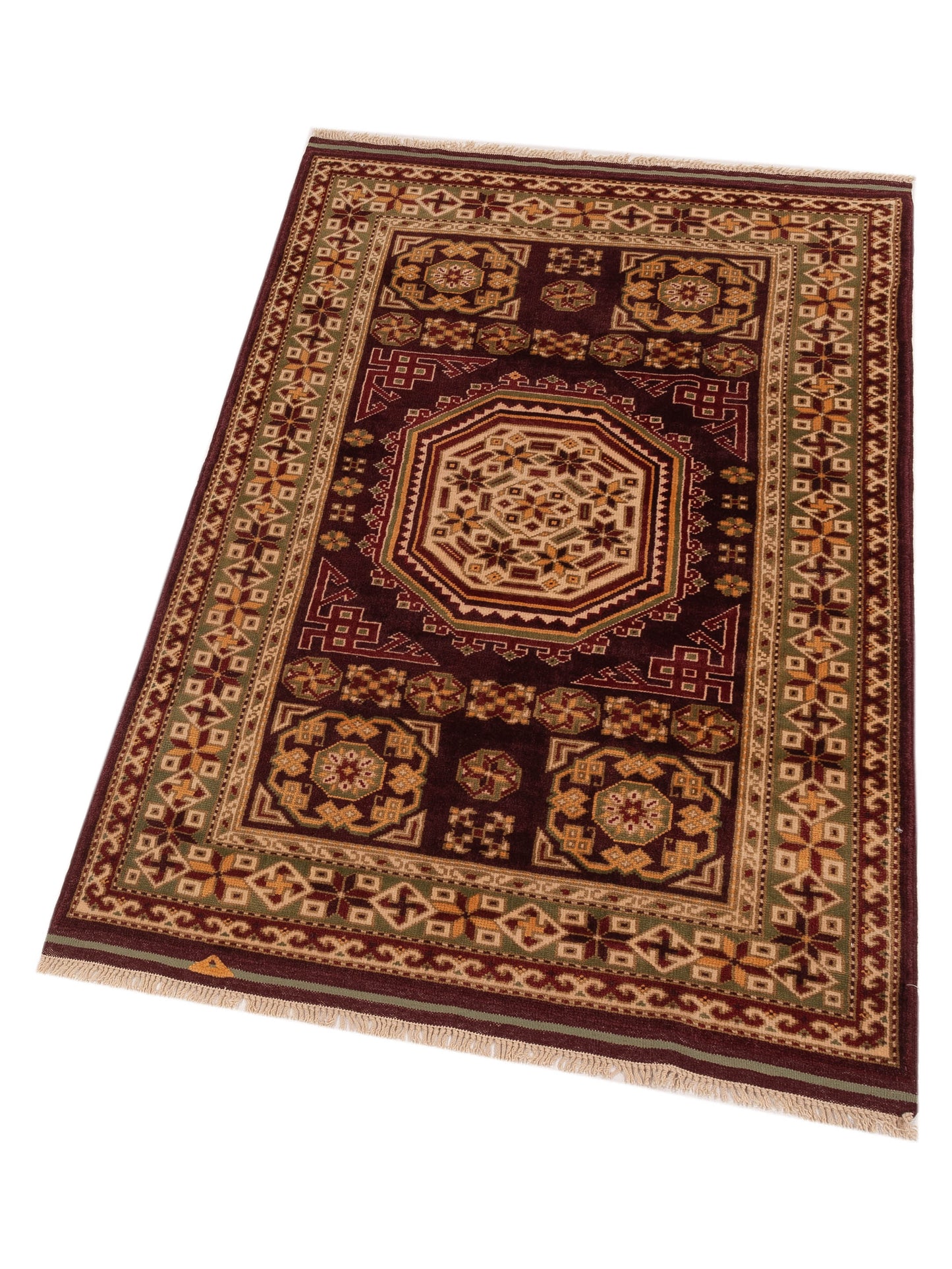 Shirvara Burgundy Green 3.10x5.8 Hand Knotted Rug
