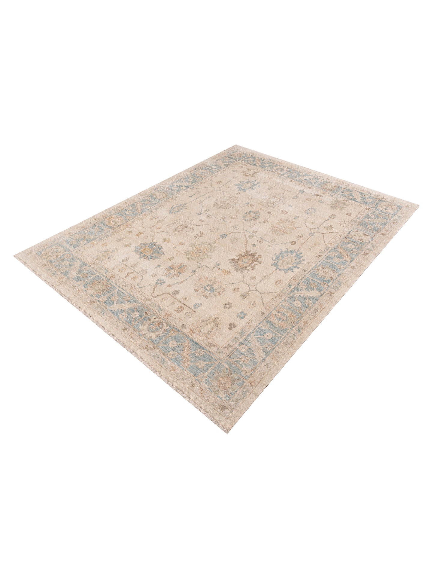 Oushak Beige Blue 9.4x12.1 Hand Knotted Rug