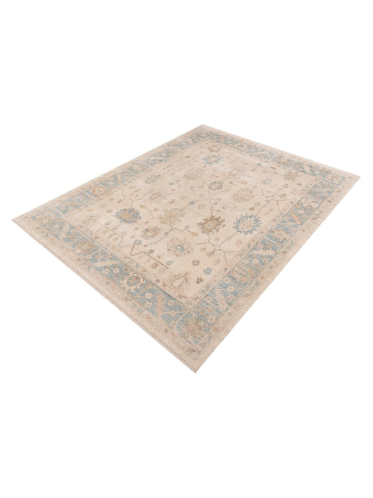 Oushak Beige Blue 9.4x12.1 Hand Knotted Rug