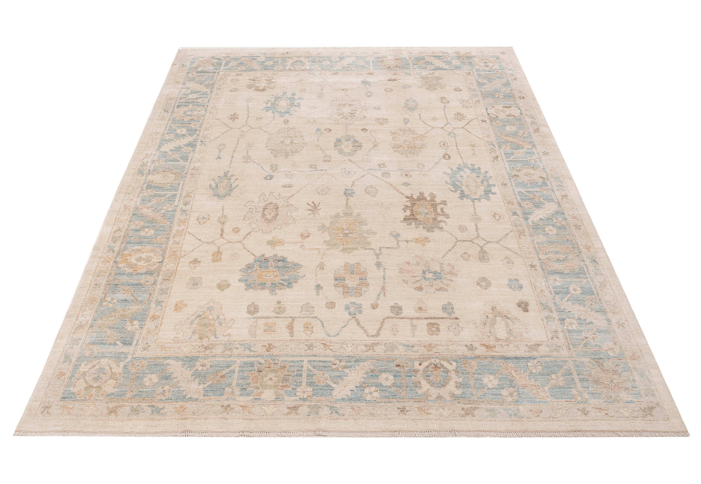 Oushak Beige Blue 9.4x12.1 Hand Knotted Rug