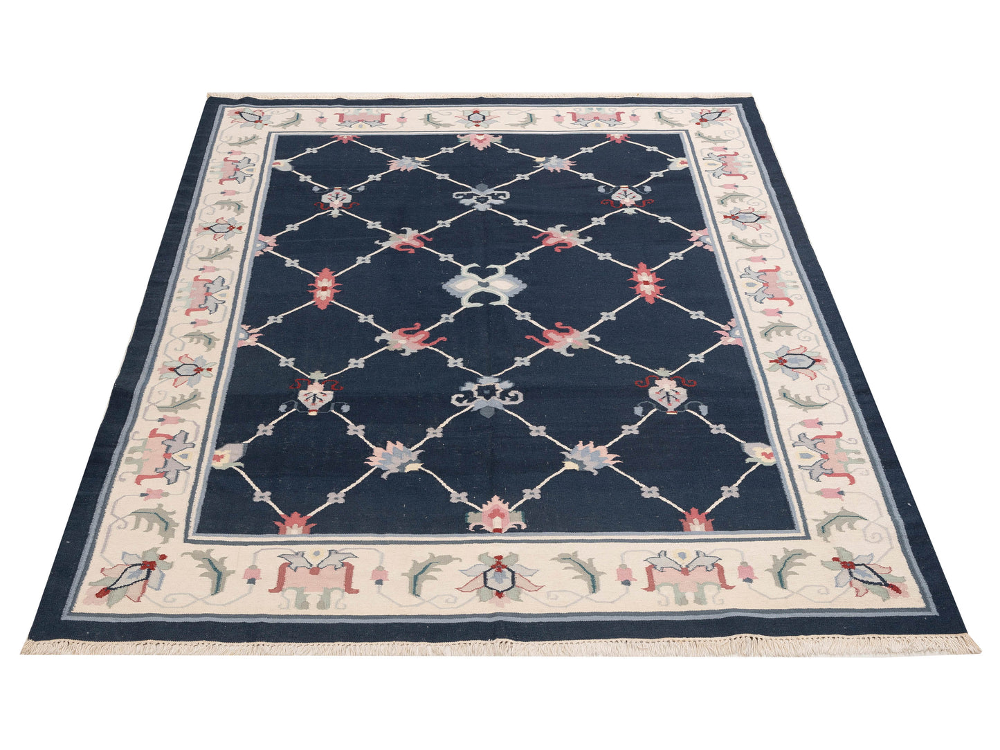 Soumak Dark Blue Ivory 8.4x9.10 Hand Woven Rug